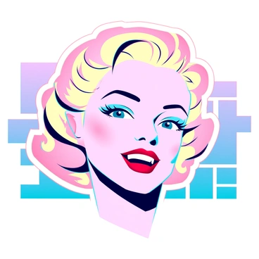 A portrait of "Marilyn Monroe" with vibrant hues of pink, yellow, and blue. Her iconic blonde hair is styled in soft waves, each strand highlighted with contrasting colors. She has a radiant smile showcasing her red lips and expressive eyes. The background features geometric patterns in complementary colors, enhancing the visual impact of her figure. Her classic beauty is captured with bold outlines defining her facial features and enhancing the overall composition.