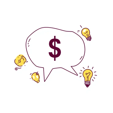 A speech bubble with a dollar sign inside, surrounded by tiny lightbulbs