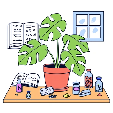 A detailed illustration of a monstera plant, showcasing its large, distinctive green leaves with deep splits and holes. The plant is positioned in a terracotta pot that sits on a wooden table. In the background, there are several open, aged books with handwritten notes and sketches, emphasizing its historical use as a medicinal herb. Scattered around the plant are small glass vials filled with various herbal concoctions and dried herbs, creating an atmosphere of botanical study. A window with soft natural light filters in, illuminating the scene.