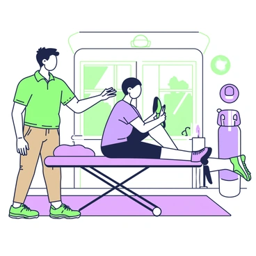 A physiotherapist is demonstrating heel taps to a patient in a clinic. The physiotherapist has short hair and is wearing a green polo shirt with khaki pants. They stand beside the patient, who is seated on a treatment table. The patient is wearing athletic wear, consisting of a blue t-shirt and black shorts. The physiotherapist is showing the correct technique, raising one foot to tap the heel on the floor while supporting the patient’s posture with their right hand on the patient’s shoulder. The clinic is equipped with exercise mats and rehabilitation tools in the background. A large window allows natural light to illuminate the scene.