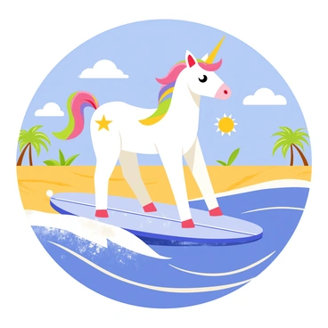 A playful unicorn with a shimmering white coat and a flowing multicolored mane is riding the waves on a bright blue surfboard. The surfboard is decorated with colorful patterns and is balanced perfectly on a cresting wave. Sunlight sparkles on the water, creating a vibrant and inviting atmosphere. In the background, a clear blue sky stretches overhead, dotted with a few fluffy white clouds. Golden sand and palm trees line the beach, completing the scene of a sunny beach day.