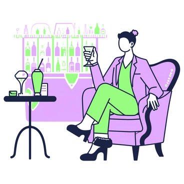 An opulent lounge setting with a fashionably dressed individual sipping a cocktail