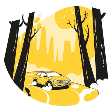 A car driving through a dense foggy forest road, with mist enveloping the surroundings