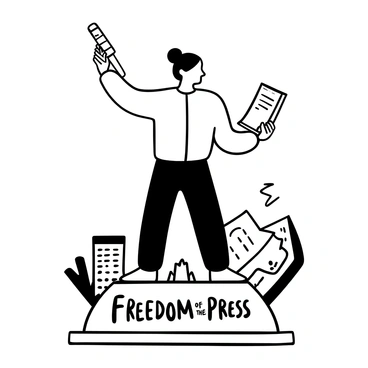 A statue of a journalist stands proudly, holding a large pen in one hand and a sheet of paper in the other. The statue is intricately detailed, showcasing the folds of clothing and the textures of the pen and paper. Surrounding the statue, there are small symbolic elements such as a broken chain and an open book, emphasizing the theme of press freedom. The base of the statue has the words "Freedom of the Press" engraved in a bold font. The scene is framed by a backdrop of a city skyline, representing the journalistic environment.