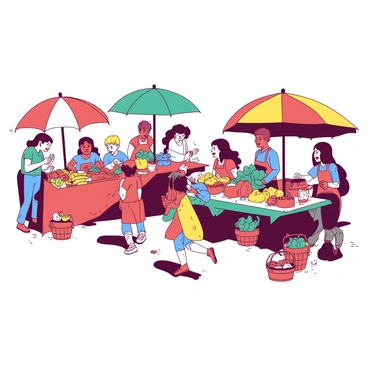 A vibrant scene of a farmer's market bustling with activity. There are several stalls filled with an array of fresh produce, including colorful fruits and vegetables. People of various ages are happily shopping, some inspecting items while others are chatting with vendors. Bright umbrellas provide shade over the stalls, and there are baskets overflowing with produce. A few children are seen joyfully skipping between stalls, interacting with the goods and enjoying the lively atmosphere.