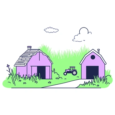 A once-busy farm is now quiet and desolate. In the foreground, empty barns with dilapidated roofs stand silently, their doors slightly ajar. Weeds and tall grasses grow unchecked around the structures. In the background, the fields are overgrown, with wildflowers and tall grass swaying gently in the wind. A worn tractor is positioned off to one side, partially hidden by the foliage. The sky above is clear, providing a sense of stillness to the scene.