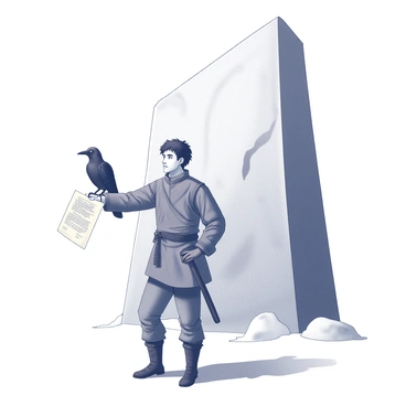 A man with dark, tousled hair stands at the base of a tall, icy structure known as the Wall. He is dressed in rugged, weathered clothing suitable for the cold environment. A raven perches on his outstretched arm, its leg secured with a tightly tied piece of parchment, signifying an urgent message. The Wall rises in the background, towering and imposing, with its surface marked by ice and snow, creating a stark contrast to the figure in the foreground. The atmosphere is still, with a sense of anticipation surrounding the moment.