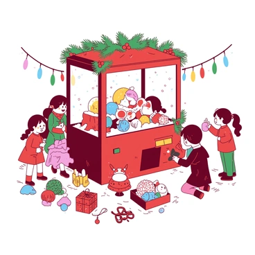 A red gacha machine is decorated with colorful holiday ornaments and tinsel. The machine is surrounded by a variety of themed prizes, including small plush toys and festive keychains, spilling out onto the ground. Snow is lightly falling around the scene, and a cheerful group of children are gathered around, eagerly waiting for their turn to receive prizes. In the background, colorful string lights illuminate the festive atmosphere, adding to the celebratory mood of the scene.