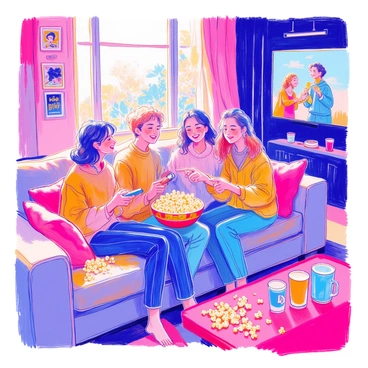 A group of friends is sitting together on a large, comfortable couch in a cozy living room. They are sharing a big bowl of popcorn, with some popcorn kernels spilled onto the floor. The friends have big smiles on their faces, illustrating their joy and camaraderie. One friend is holding a remote control, while another is pointing toward the television where an Oscar-winning movie is playing, showing a vibrant scene. Soft cushions and a warm blanket are draped over the couch, and a few drinks are placed on a nearby coffee table. There are movie posters on the walls, enhancing the cinematic atmosphere.