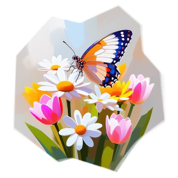 A vibrant butterfly with wings adorned in a striking "bullseye design" is fluttering delicately among a variety of colorful flowers. The butterfly's wings are vividly patterned, showcasing shades of blue, yellow, and red that create an eye-catching effect. Surrounding the butterfly are a mix of blooming flowers, including daisies, tulips, and sunflowers, each displaying their unique colors and shapes. The scene captures the movement of the butterfly as it flits from one flower to another, with soft green leaves providing a natural backdrop.