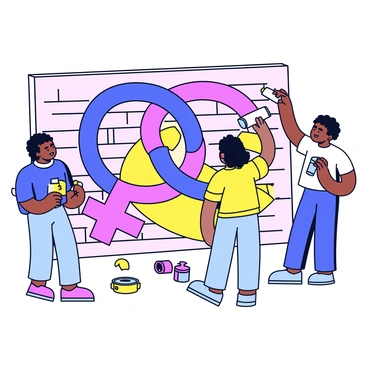 A group of street artists is painting a large mural on a brick wall. The mural features a vibrant design that includes interlocking symbols representing different genders, creating a sense of unity. The artists are using various colors, such as blue, pink, and yellow, to fill in the shapes. One artist is applying paint with a roller, while another is using a spray can for finer details. Brushes and paint cans are scattered around on the ground. The scene captures the artists' expressions of concentration and collaboration as they work together on this expressive piece.