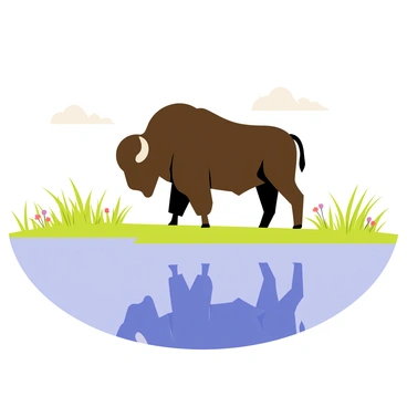A large bison standing on the shore of a perfectly still lake. The bison has a thick, dark brown coat with a distinctive curve in its massive back. Its reflection is clearly visible in the mirror-like surface of the water, creating a symmetrical effect. Surrounding the lake are green grasses and scattered wildflowers, enhancing the natural setting. The sky above is clear with a few fluffy white clouds, adding to the sense of tranquility.
