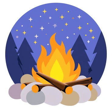 A campfire with bright orange flames flickering. The fire is surrounded by smooth stones arranged in a circle. A few logs are positioned around the fire, with some embers glowing softly. Above the campfire, a vibrant starry night sky is filled with numerous twinkling stars. A gentle breeze rustles the leaves of nearby trees, creating a peaceful atmosphere.