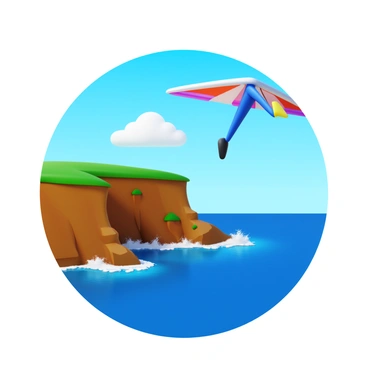 A hang glider with vibrant colors soaring through the sky. The glider is catching the wind, displaying its wings fully extended. Below, a rugged coastal cliff juts out over the sparkling blue ocean. The cliffs are dotted with patches of green vegetation, and waves crash against the rocks. In the background, a clear blue sky with a few fluffy white clouds enhances the sense of adventure.
