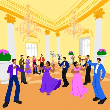 A grand ballroom filled with elegantly dressed aristocrats dancing gracefully. The room features high ceilings adorned with ornate chandeliers that cast a warm glow. Richly detailed golden moldings and large mirrors line the walls, reflecting the lavishness of the scene. A polished wooden floor is visible, where couples twirl in flowing gowns and tailored suits. Some guests hold delicate fans, while others enjoy the lively music played by musicians in the corner. Elegant floral arrangements sit atop marble columns, contributing to the opulent atmosphere.
