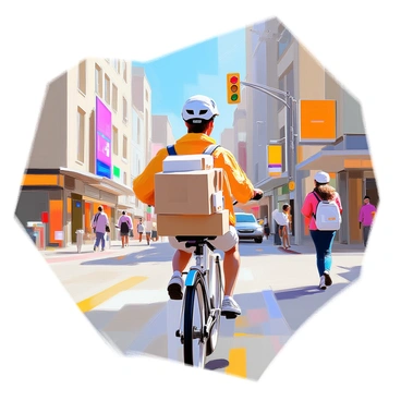A bicycle courier with short brown hair and a bright yellow jacket is skillfully weaving through busy city streets. The courier is focused, navigating around pedestrians and parked cars while balancing a stack of packages in a large backpack. The scene captures tall buildings lining the streets, with storefronts and traffic lights in the background. A few colorful billboards are visible in the distance, and the sky above is a clear blue, giving a lively atmosphere to the urban environment.