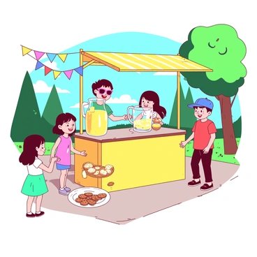 A yellow lemonade stand is set up on a sunlit pathway, adorned with colorful banners fluttering in the breeze. Two children, one wearing a blue cap and the other sporting pink sunglasses, are excitedly serving lemonade from a large clear pitcher. Beside the pitcher, there is a display of freshly baked cookies arranged neatly on a white plate. A few customers, including a girl with a teal dress and a boy in a red t-shirt, are waiting in line, smiling eagerly. The scene captures the lively atmosphere of a summer day, with green trees and bright blue skies in the background.