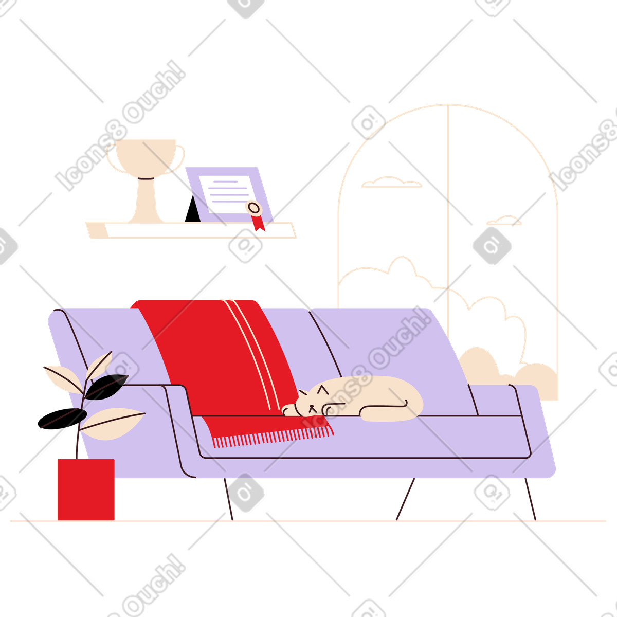Ilustração de Bright living space with decor and sleeping pet, Relaxing home atmosphere lifestyle em no estilo Folks para baixar em PNG, SVG