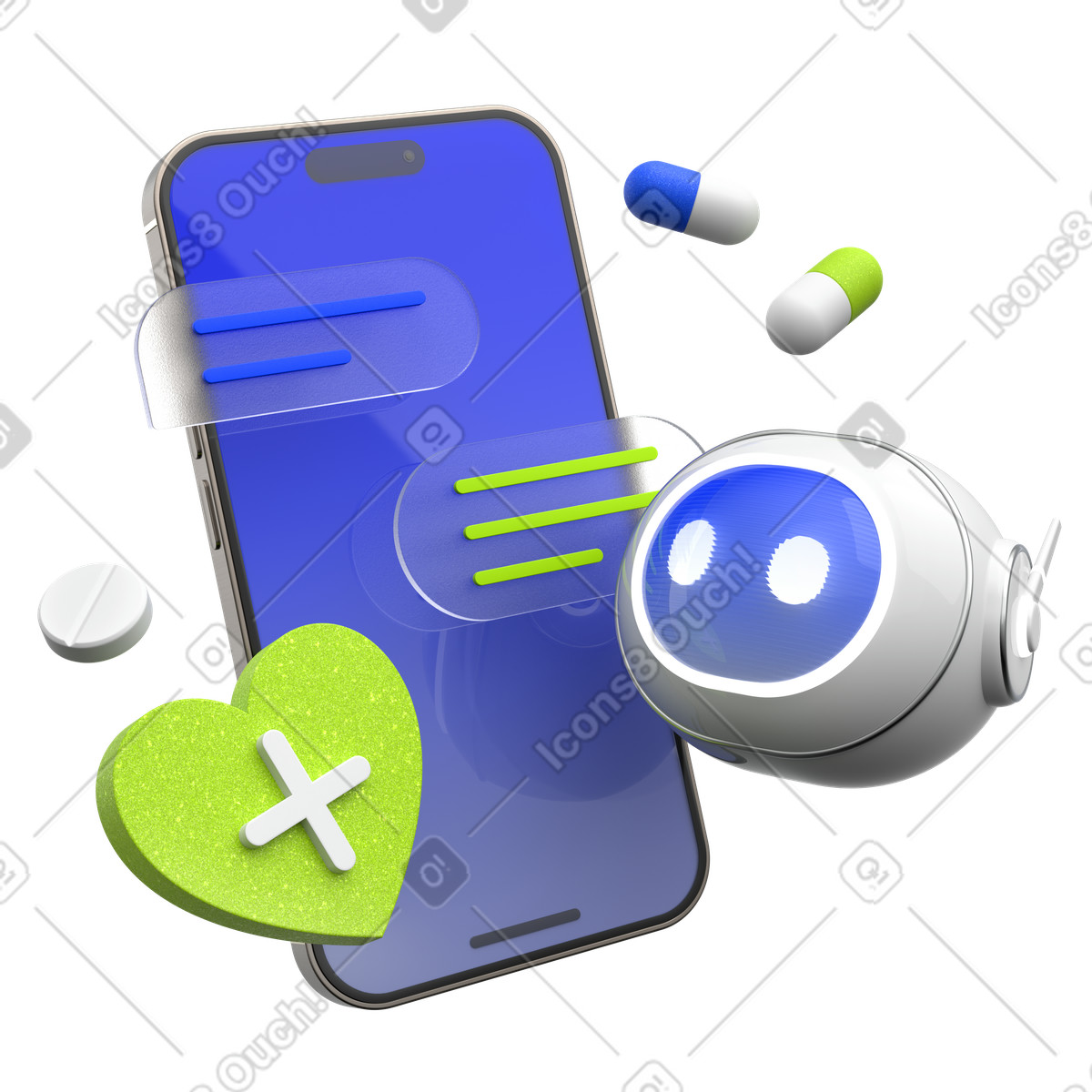 Ilustración Chatbot de telemedicina y atención médica, smartphone con bot médico, consulta médica en línea estilo 3D Enterprise a descargar PNG SVG