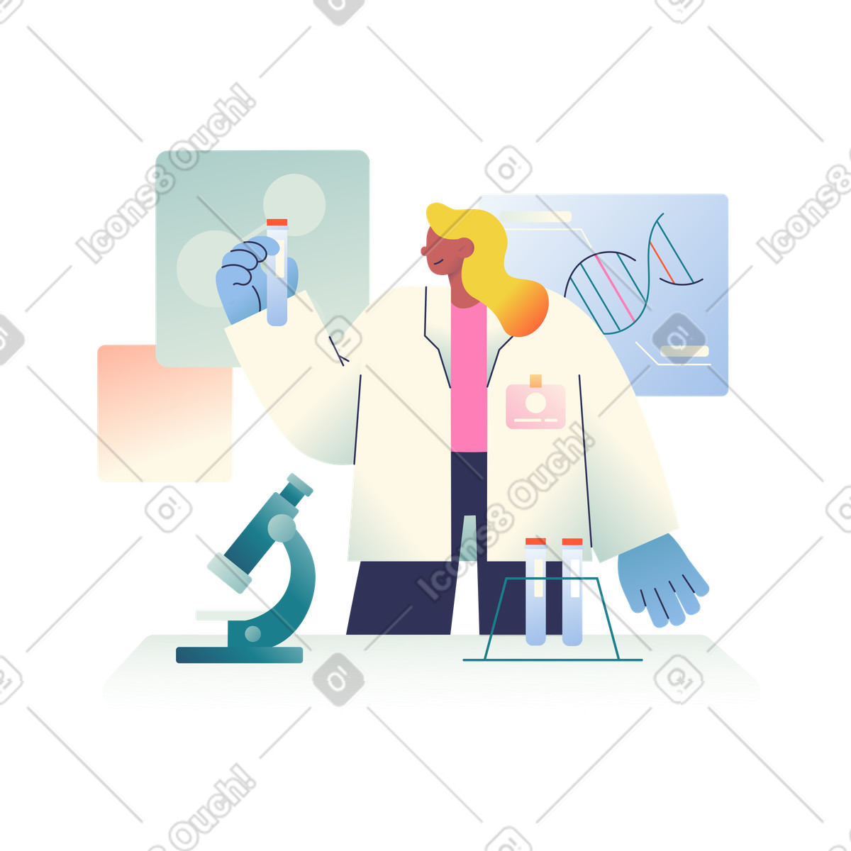 Ilustração de Garota cientista segurando um tubo de ensaio em PNG e SVG
