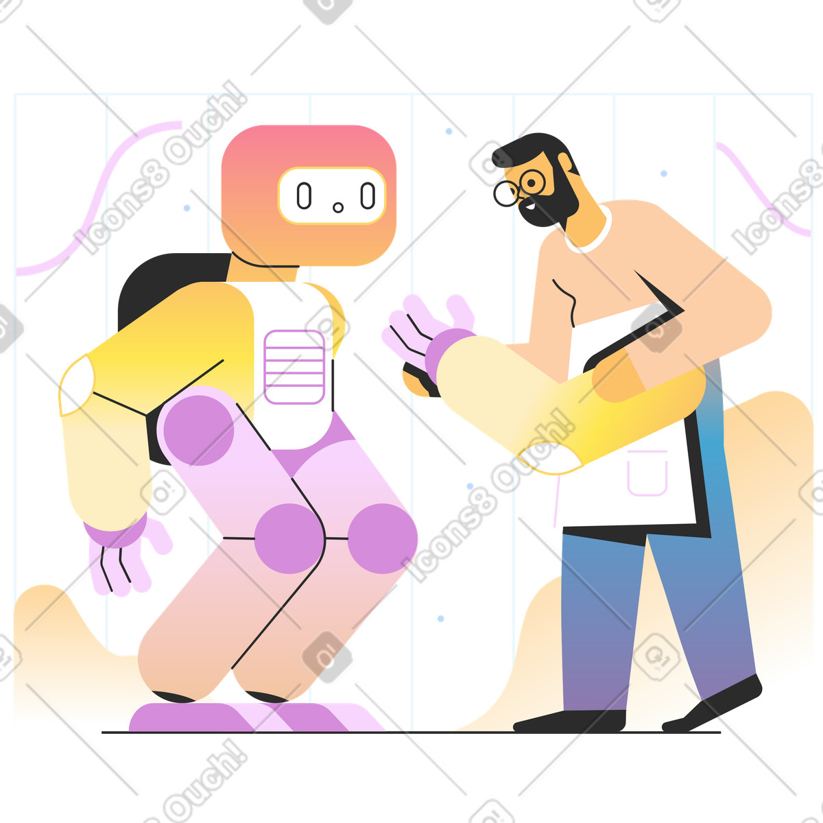 Uomo che crea un robot illustrazione in stile Marginalia scarica in PNG, SVG