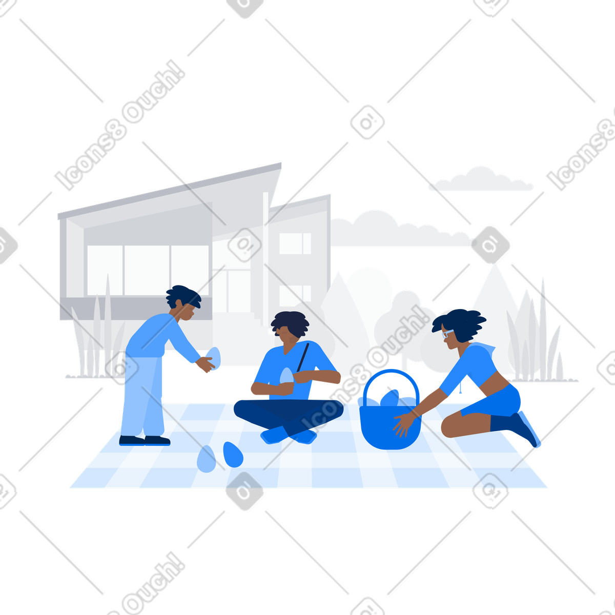 Иллюстрация Family decorating Easter eggs in the backyard, Holiday crafts and outdoor activity в стиле Urban — скачать в форматах PNG, SVG