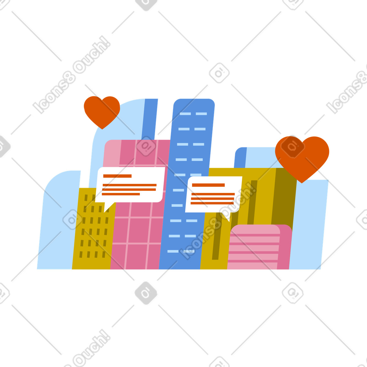 City skyline with chat bubbles and hearts illustration in Vector style download in PNG, SVG