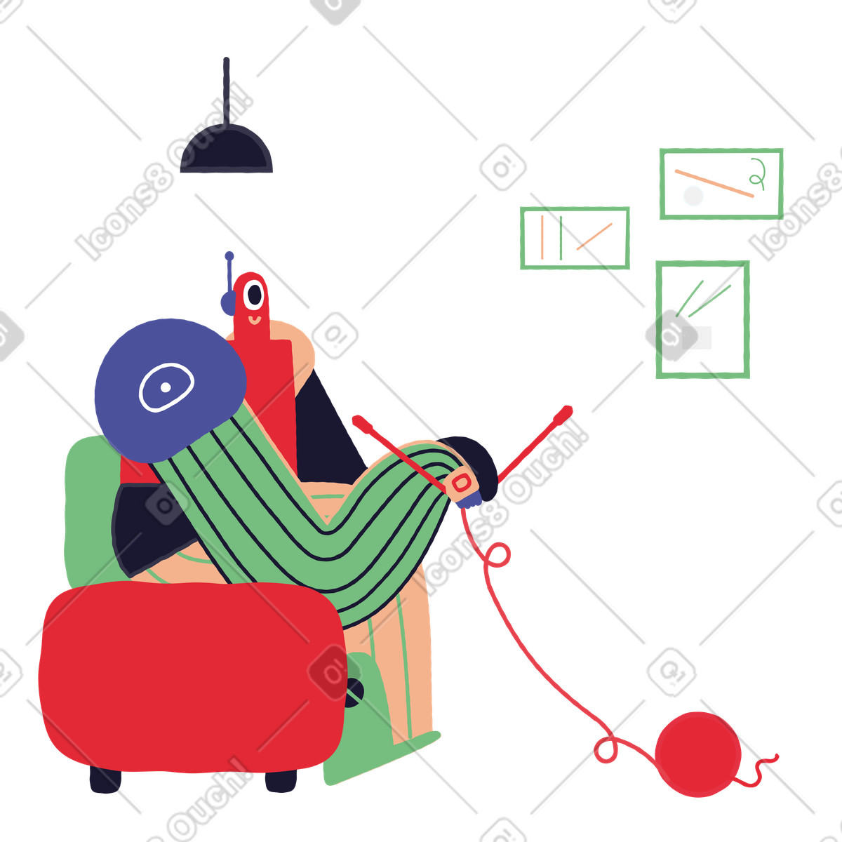 Robot che lavora a maglia in poltrona, relax creativo e hobby illustrazione stile Stripy scarica PNG, SVG