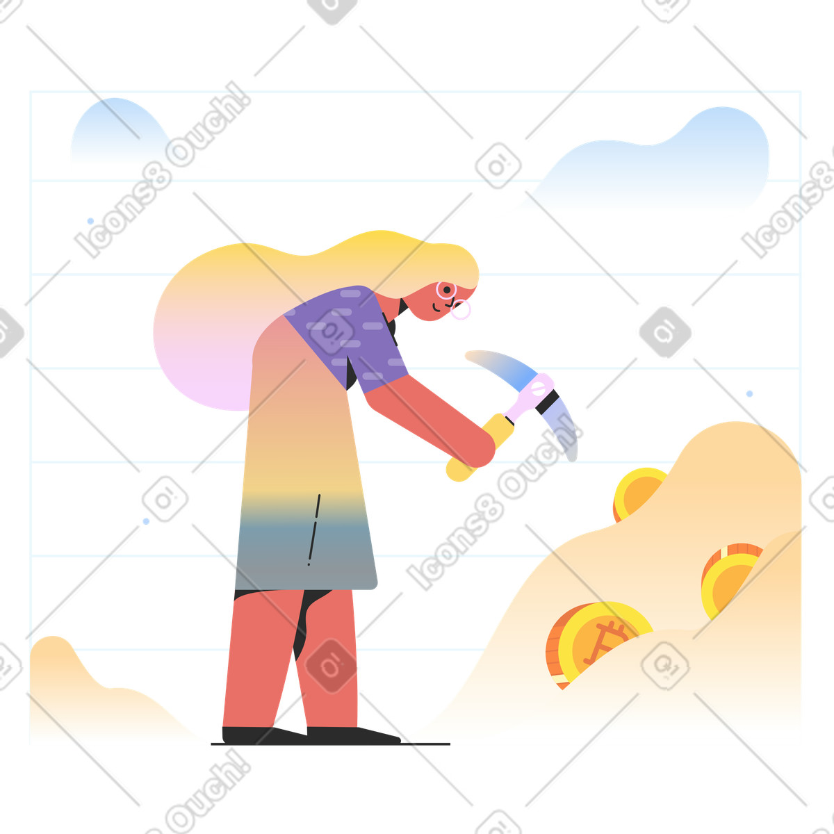 Donna che estrae bitcoin con il piccone illustrazione in stile Marginalia scarica in PNG, SVG