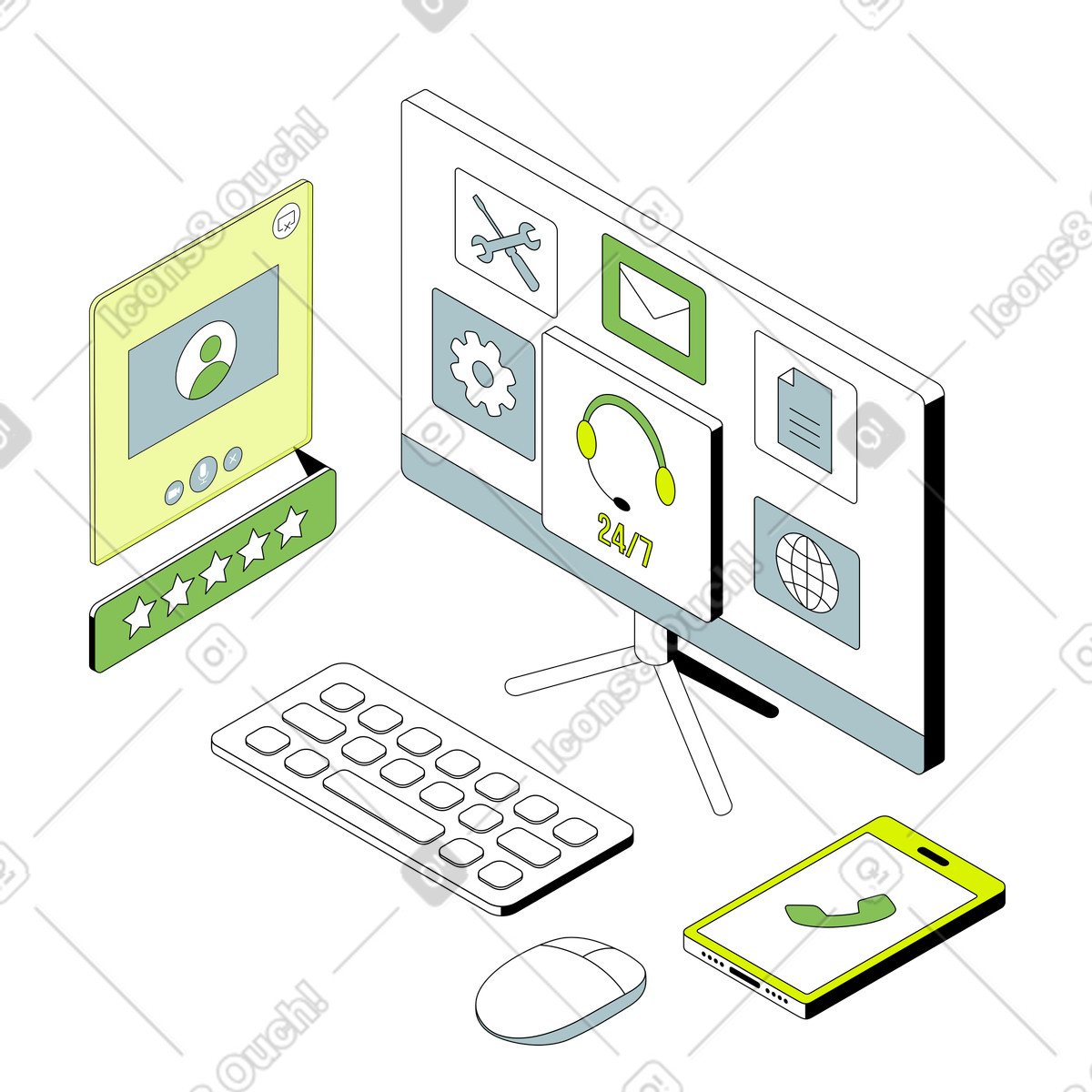 Online customer service workspace in call center illustration in PNG, SVG