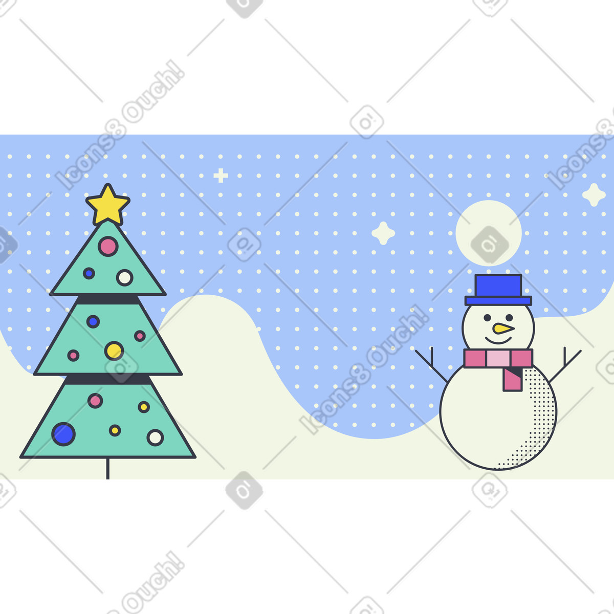 Snowman and decorated tree in winter landscape, Christmas holiday card illustration Abstract style download PNG, SVG