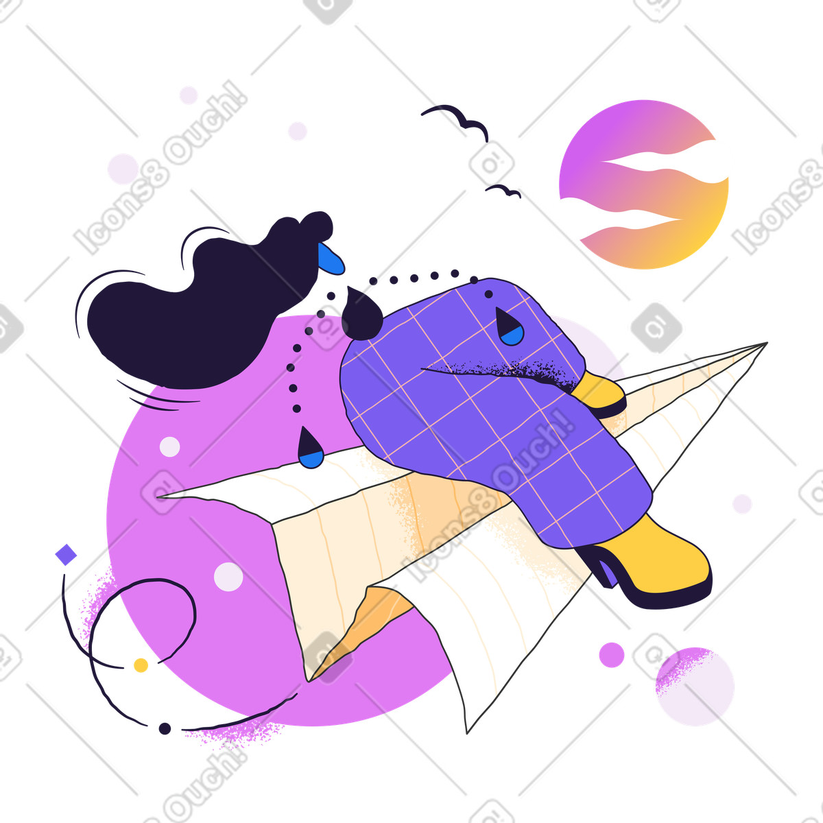 Ilustração de Whimsical flight on paper plane at sunset, Digital communication and online messaging metaphor em no estilo Conifer para baixar em PNG, SVG
