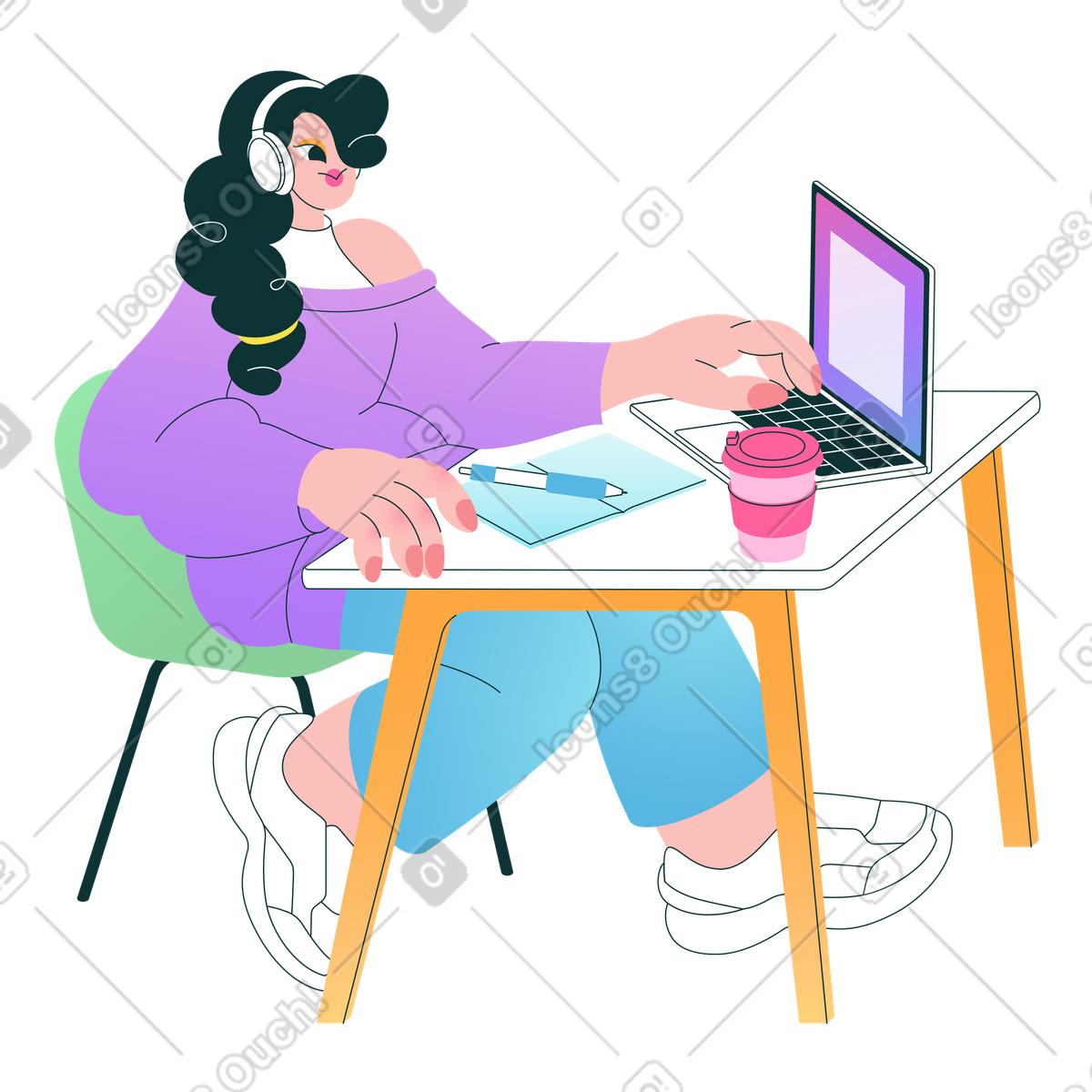 Remote employee with headphones working from home, freelance or digital workplace illustration in Florid style download in PNG, SVG