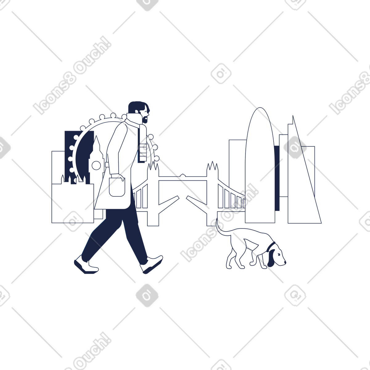 Ilustração de Strolling with dog near Tower Bridge, Outdoor activities in the city em no estilo Urban Line para baixar em PNG, SVG