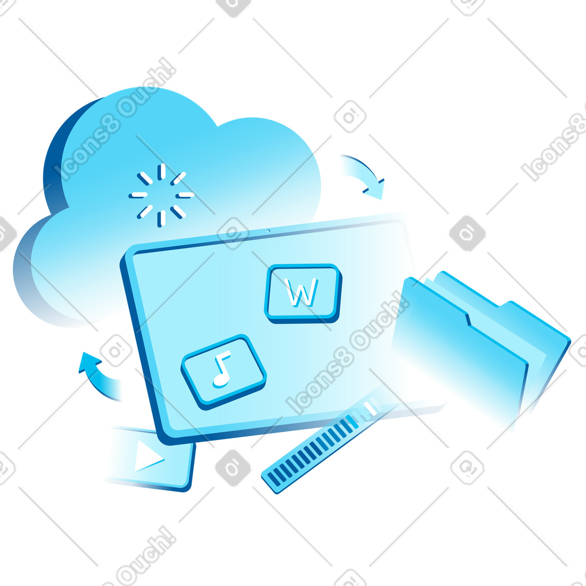 Archiviazione cloud, caricamento file e simbolo di illustrazione in stile Icy scarica in PNG, SVG