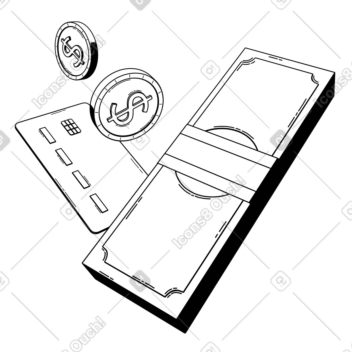 Stack of bills with debit card and coins, wealth accumulation and investment illustration in PNG, SVG