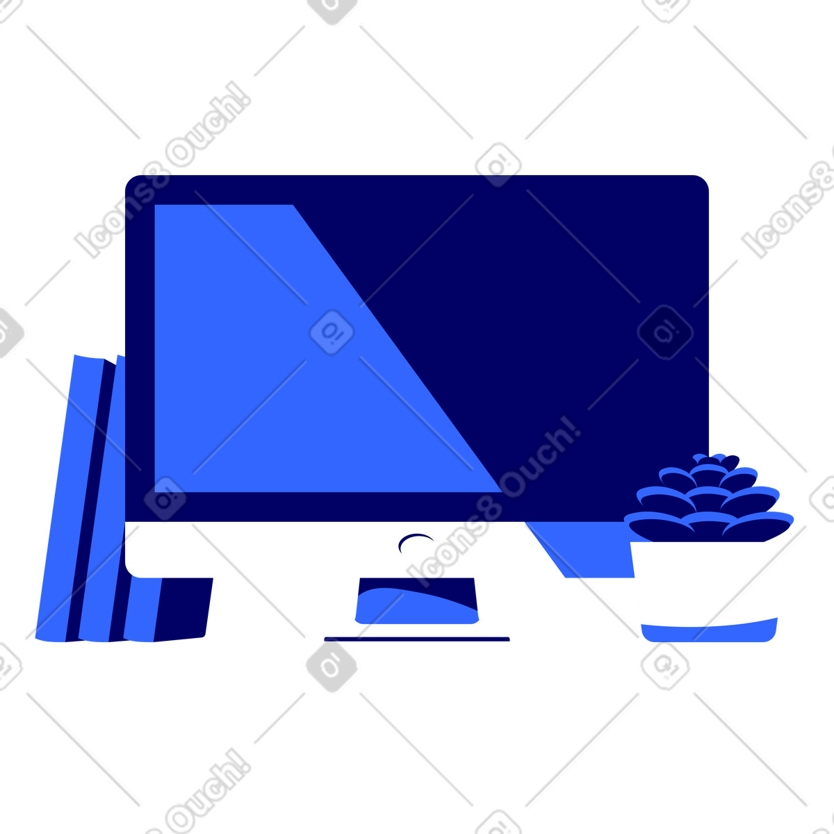 Mac computer monitor, three books and small office plant in white vase illustration Lounge style download PNG, SVG