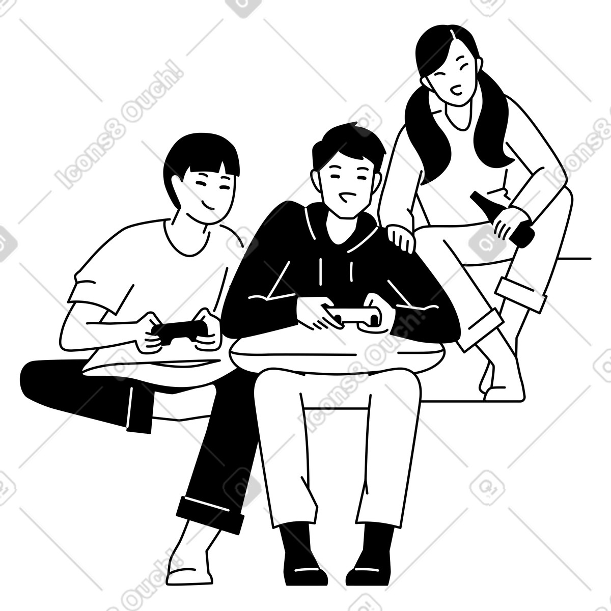 Gruppe von freunden, die videospiele spielen-Illustration im Weekday-Stil als Download in PNG, SVG