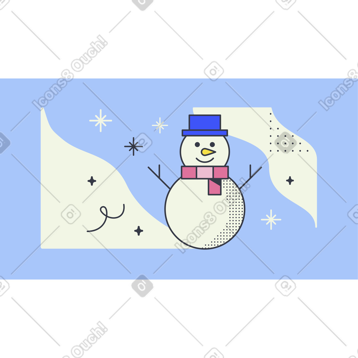 Winter holiday card with joyful snowman and falling snowflakes illustration in Abstract style download in PNG, SVG