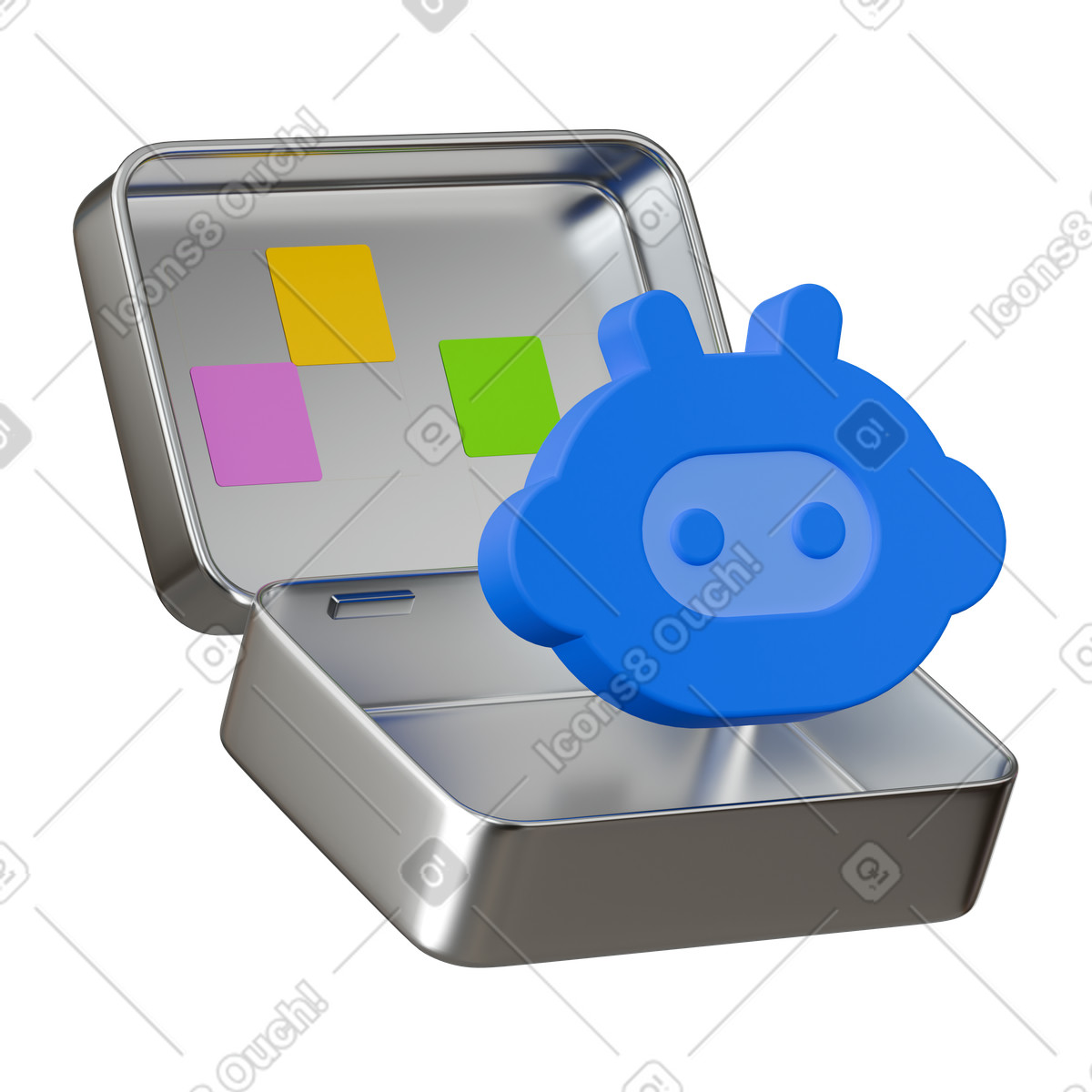 Blue ai assistant icon in open metal box, Tech product packaging animated illustration 3D Stickle style download GIF, Lottie (JSON), AE