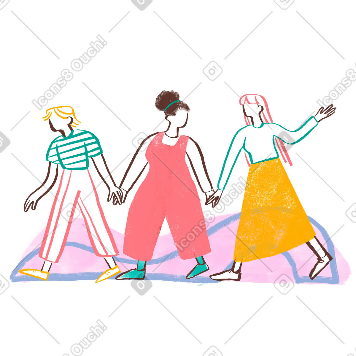 下载 Company 风格的 女人们手牵手一起走 插画，支持 PNG、SVG 格式
