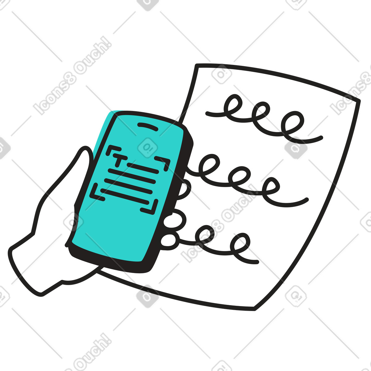 Illustration Numérisation de texte manuscrit avec un outil reconnaissance téléphone dans le style Little à télécharger aux formats PNG, SVG