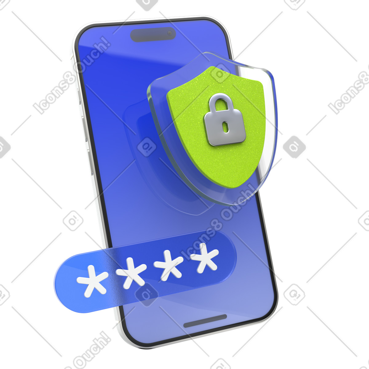 Mobile security shield, Phone password protection, Cybersecurity icon illustration in 3D Enterprise style download in PNG, SVG