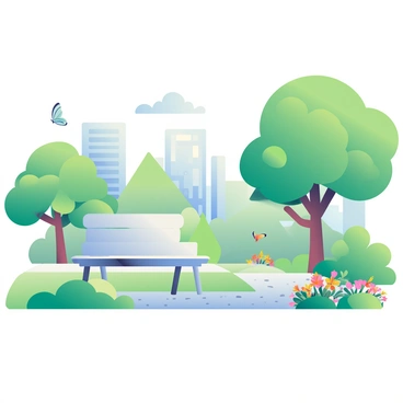 A modern concrete bench with smooth lines is positioned in the center of a city park surrounded by lush green grass. The bench has a sleek design, emphasizing minimalism with its light gray color. Nearby, vibrant flowerbeds filled with colorful blooms enhance the scene, attracting butterflies. In the background, tall trees provide shade, and a pathway lined with pebbles leads to the bench, inviting people to sit and relax. The park is bathed in soft sunlight, casting gentle shadows on the ground, creating a peaceful atmosphere.