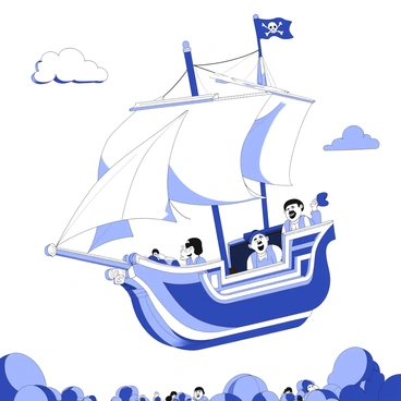 A pirate ship ride is swinging high in the air, reaching its peak. The ship has large sails flapping in the breeze, with a wooden hull adorned with pirate-themed decorations. Riders are seated on either side of the ship, their faces expressing excitement and thrill as they scream and hold on tightly to the safety bars. The background includes a clear sky, with a few fluffy clouds, and the ground below is filled with spectators watching the ride. The scene captures the energy and excitement of a theme park attraction.