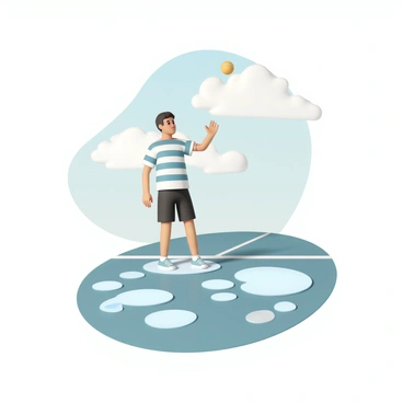 A male tennis player, wearing a blue and white striped shirt and black shorts, stands on a court with puddles of water scattered across its surface. He is positioned at the baseline, holding a yellow tennis ball in his left hand while preparing to toss it into the air with his right hand. The sky is reflected in the puddles, showing a mix of soft clouds and blue hues. The court lines are visible, framing the scene as the player focuses intently on his serve.