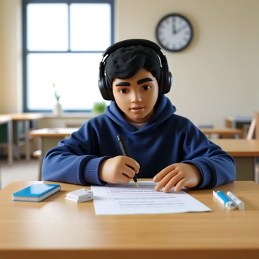 A student with medium-brown skin and short black hair sits at a wooden desk in a quiet classroom. They are wearing a blue hoodie and black headphones, with the headphones snugly fitted over their ears. The student is focused intently on a printed exam paper in front of them, with a pen in hand, ready to write. The desk has a few scattered papers and a pencil sharpener nearby. A wall clock can be seen in the background, showing the time as approaching noon. The atmosphere conveys concentration and determination as the student engages in the language comprehension exam while listening to the audio track.