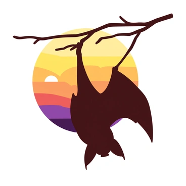 A black bat silhouette is hanging upside down from a dark brown branch. The branch extends out from the side of the image, with delicate twigs reaching outward. Behind the bat, a vibrant sunrise fills the sky with layers of yellow and orange hues blending seamlessly together. The sun is partially visible on the horizon, radiating light that gradually transitions into deeper shades of blue at the top of the sky. The scene captures the tranquil moment of dawn with the bat peacefully suspended in its natural habitat.