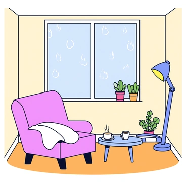 A cozy room with soft beige walls and a warm wooden floor. In the corner, there is a comfortable armchair with a fluffy blanket draped over it. A small round table beside the chair holds a steaming cup of tea. The large window features raindrops trickling down the glass, creating a blurred view of the outdoors. The window sill is adorned with a few potted plants and a small stack of books. A gentle glow from a nearby lamp adds to the inviting atmosphere of the room.