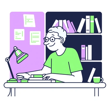 An elderly man with gray hair is sitting at a desk, working at a computer. He has a slight smile on his face, indicating his determination despite his discomfort. The room is dimly lit, with only a small desk lamp illuminating his workspace. The man's glasses rest on the bridge of his nose as he focuses on the screen. Various papers and a mug are scattered across the desk. Behind him, there is a dark bookshelf filled with books. The overall atmosphere suggests a sense of quiet concentration and resilience.